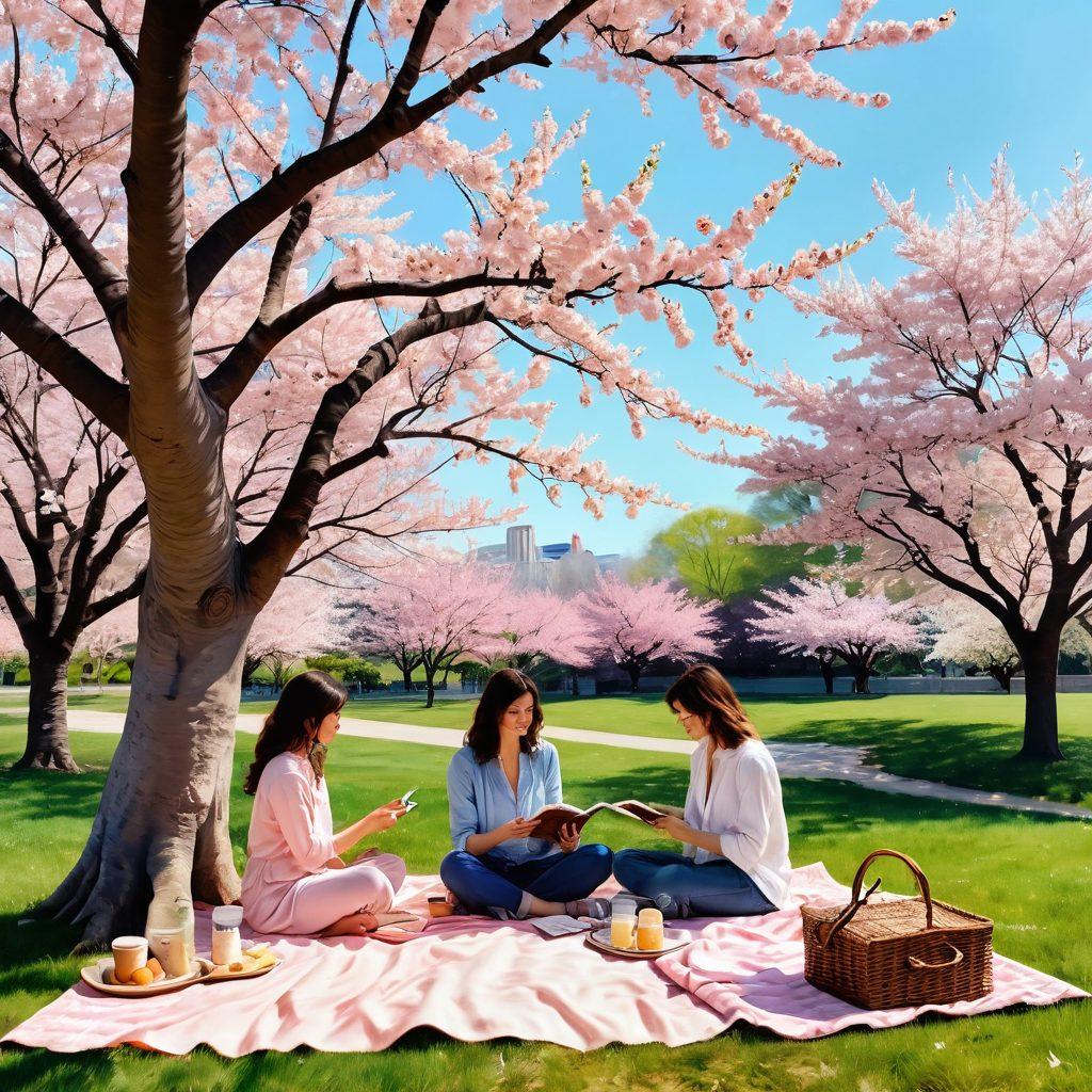 A cozy afternoon scene depicting a couple enjoying a picturesque picnic under a blooming cherry blossom tree, surrounded by soft sunlight and gentle breezes. Include elements of art supplies like sketchbooks and paints to symbolize passionate pursuits, with delicious food laid out on a stylish blanket. The mood should be warm and romantic, inviting viewers to imagine their own leisure time filled with creativity. soft pastel colors. dreamy illustration. whimsical style.