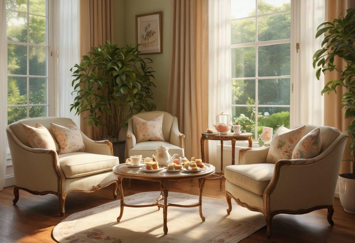 A cozy living room scene featuring a beautifully set tea table with an assortment of desserts and fine china, soft afternoon light filtering through sheer curtains, and two comfortable armchairs facing each other, inviting intimate conversation. Add a background of lush greenery outside the window. warm colors. super-realistic. inviting atmosphere.