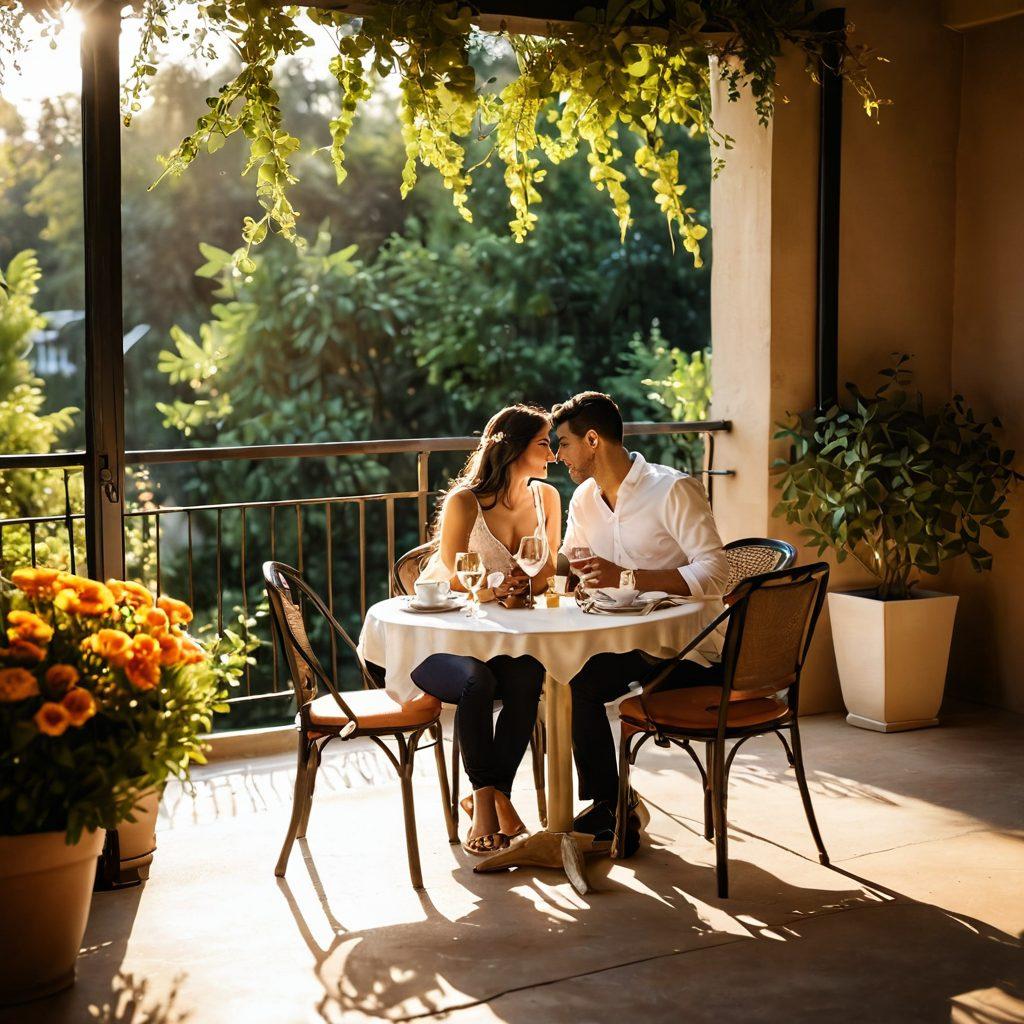A cozy afternoon scene featuring a couple sharing a passionate embrace on a sunlit terrace adorned with romantic decorations. The atmosphere is enriched with warm colors, soft textures, and delicate flowers, enhancing the sense of intimacy and sensuality. Incorporate elements like a half-empty wine glass and a beautifully set table, along with golden sunlight casting gentle shadows. The background should suggest a picturesque view of nature, inviting warmth and romance. super-realistic. warm tones. soft focus.